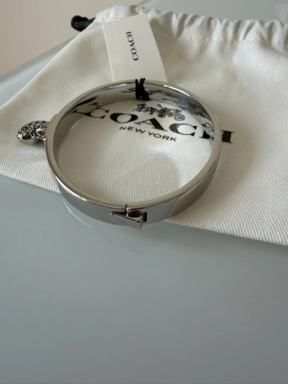 Coach Silver Heart Monogram Charm Bangle Hinge Bracelet